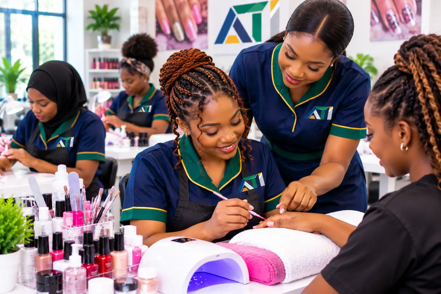ANPET Training Institute students practicing nail artistry, manicure, pedicure, and professional nail care techniques.