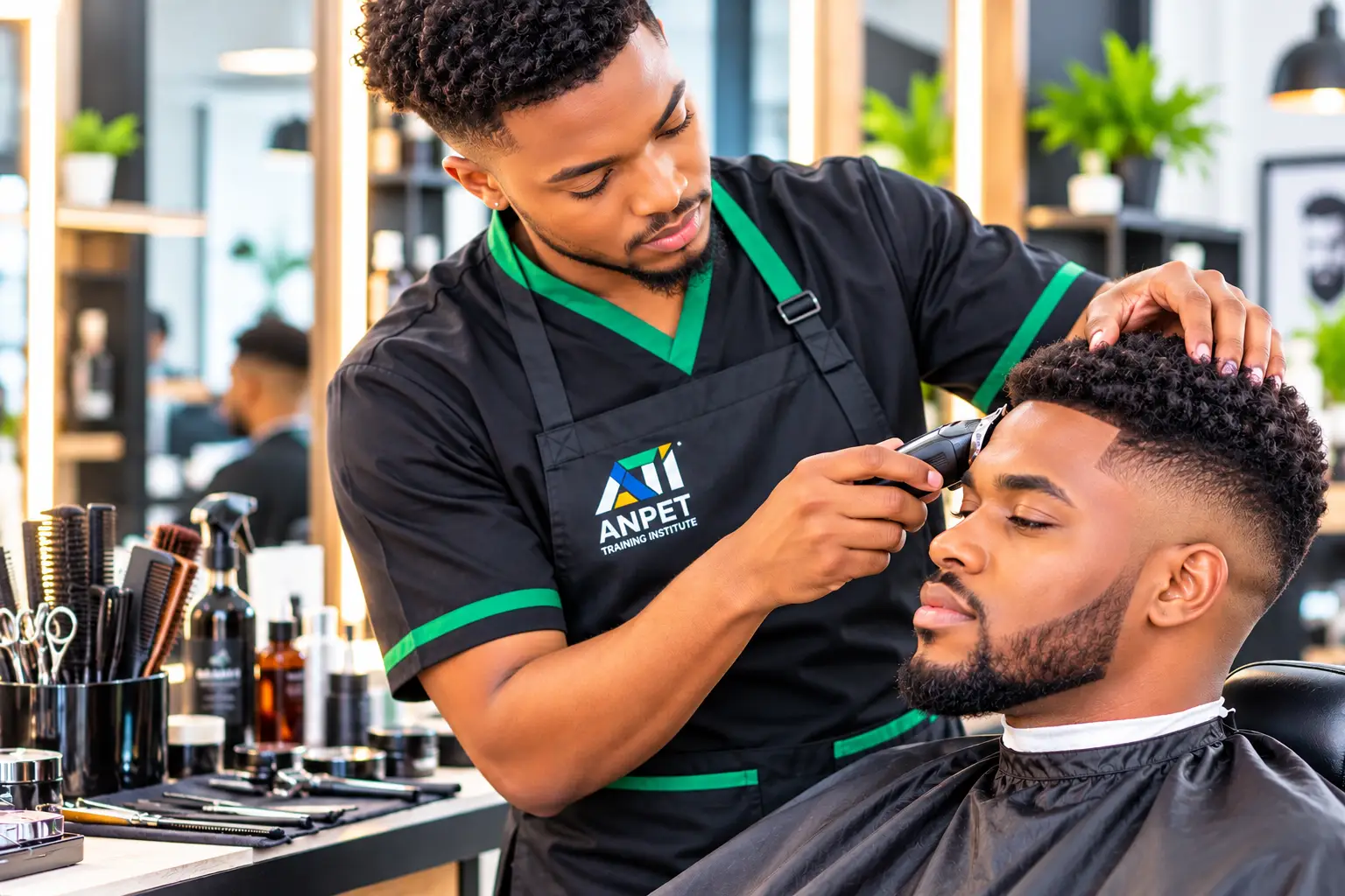 Barbering students at ANPET Training Institute practising modern haircuts, fading techniques, and professional beard grooming.