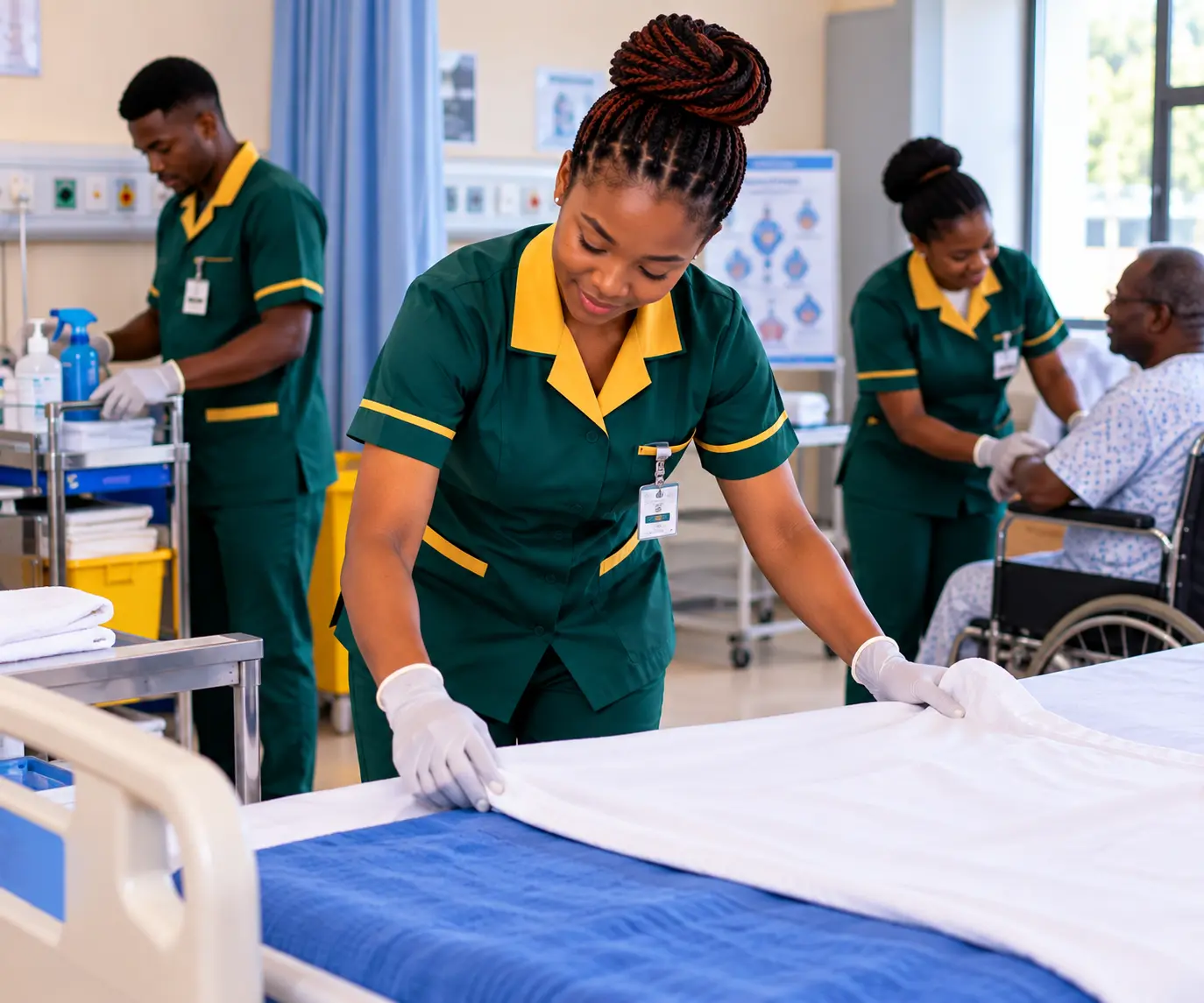 ANPET Training Institute students learning healthcare support, patient assistance, hygiene, and infection prevention practices.